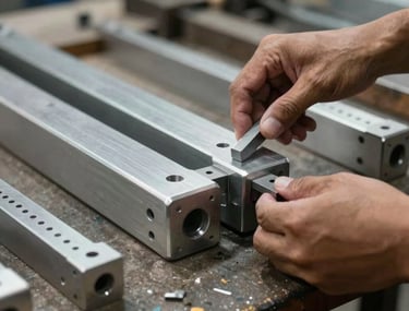 Seorang pengrajin sedang menunjukkan contoh hasil sambungan sudut aluminium yang sangat rapi kepada pelanggan di ruang pamer.