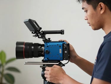 Seorang spesialis konten Asia Tenggara sedang merekam video sinematik menggunakan kamera profesional, menyoroti detail sambungan pada lemari aluminium matte biru di studio yang terang.