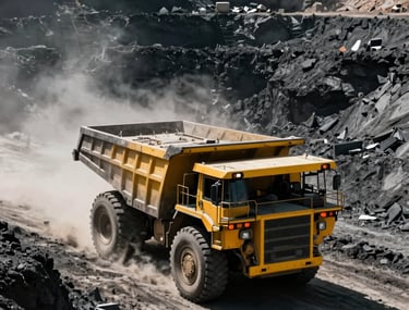 Wide environmental shot of heavy mining machinery, a massive yellow haul truck moving through an open-pit mine, harsh high-contrast Mexican sunlight, dust particles in the air, deep shadows, dramatic industrial photography, 35mm