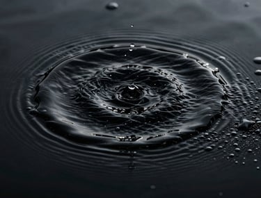 Dark abstract visualization of water ripples on a black surface, representing clean environmental management, sophisticated dark sustainability aesthetic.