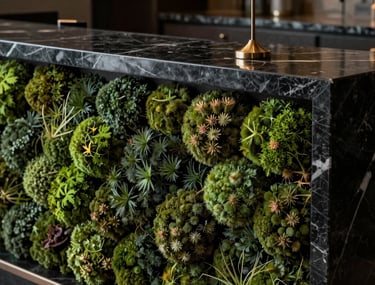 A close-up of a high-end luxury hotel's black marble reception desk with dark moss green accents, representing sustainable luxury tourism.
