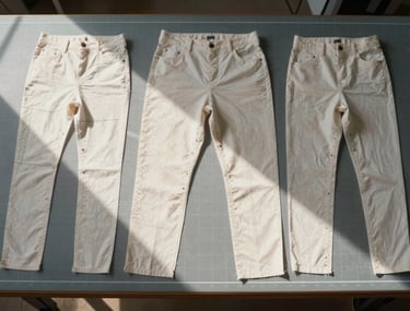 Flat overhead shot of women's trouser pattern pieces laid on a cutting table under even north-facing window light, chalk markings and notches clearly visible, no model