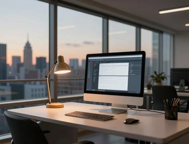 A digital-focused workspace at dusk with warm lamp lighting and a clean glass window overlooking a city skyline. Professional and clear aesthetic.