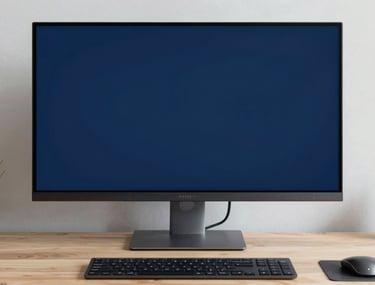 Clean composition of a modern workspace featuring a high-resolution screen with deep navy blue background colors, professional setting in South America.