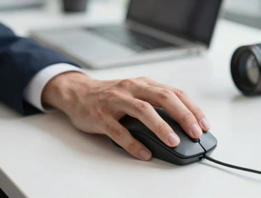 Focus on a professional person's hand using a high-precision mouse, clean white desk surface, bright natural light in a Santiago office.
