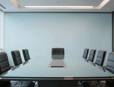 A high-end professional meeting room in Buenos Aires with clean lines, glass table, and soft sky blue accents in the decor. Professional atmosphere.