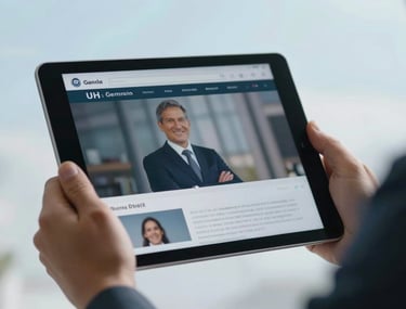 Close-up of a tablet held by professional hands in a South American business setting, displaying a blurred professional interface. Soft sky blue lighting.