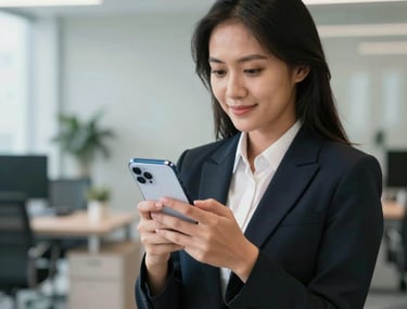 Clean, sharp photography of an Indonesian professional woman using a smartphone with a clean white and blue interface. Background shows a blurred modern office.