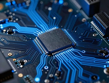 Macro photography of a modern circuit board with glowing blue pathways. Deep shadows and metallic highlights, symbolizing complex digital architecture.