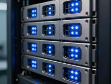 Clean and sharp macro photography of server racks in a data center, glowing with soft bright blue LED indicators. Deep navy shadows and brushed steel textures. Industrial professional look.