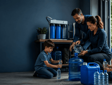 A family using a multi-stage water filtration system to fill large storage jugs for emergency preparedness.