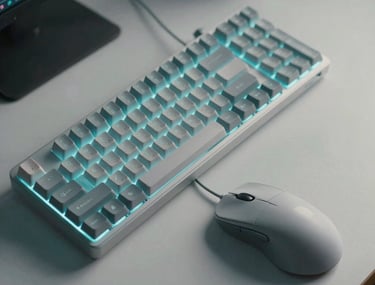 A high-resolution photograph of a trader's desk featuring a minimalist mechanical keyboard and a high-performance mouse. A soft cyan glow illuminates the scene. North American / Global Financial Market.
