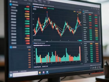 Macro photography of a sleek computer monitor displaying a clean, dark-themed financial dashboard with glowing data points. North American / Global Financial Market.