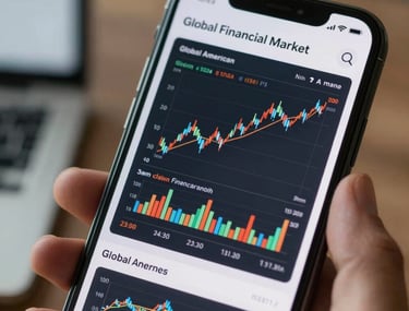 A close-up shot of a smartphone displaying a sleek trading application with high-contrast charts. The device is held in a professional office setting. North American / Global Financial Market.