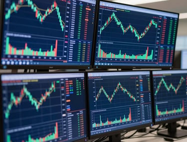 A professional close-up photograph of a multi-monitor trading setup in a sleek office. The screens display dense financial data and vibrant green candlestick charts against a deep blue interface. North American / Global Financial Market.