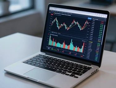 A sharp, detailed photo of a high-end laptop on a minimalist desk, showing an interactive stock chart with multiple technical indicators. The room is softly lit with professional blue tones. North American / Global Financial Market.