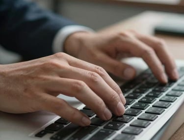 Close-up of a writer's hands typing on a modern keyboard, focusing on the tactile quality and movement. Ambient light in a modern office in Vietnam, shallow depth of field, professional and focused mood.