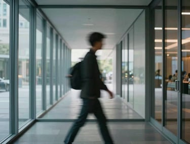 An abstract, artistic blur of a person walking through a modern glass-walled corridor, reflecting the fast-paced nature of digital communication.