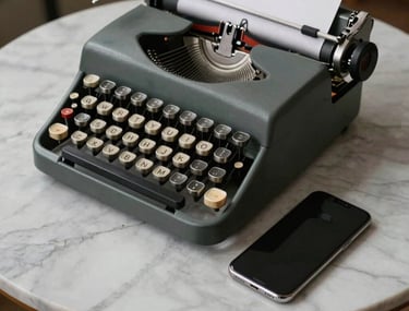 Minimalist setup of an old typewriter alongside a modern smartphone on a marble table. Symbolizing the evolution of storytelling from traditional to digital.