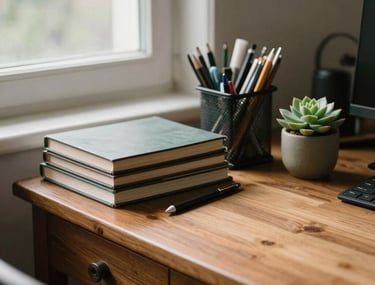 A vintage wooden desk with a stack of neatly arranged stationery and a small succulent plant. Natural light streams in from a side window.