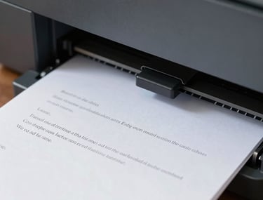 Close-up of a high-quality printer producing a clean, crisp document. The focus is on the ink and the sharp letters forming on the paper.