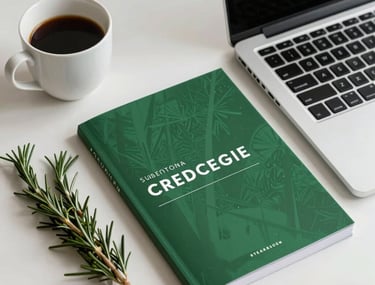 A designer's workspace featuring a coffee cup, a sprig of rosemary, and a laptop with a forest green brand guidelines document. European / Iberian studio.