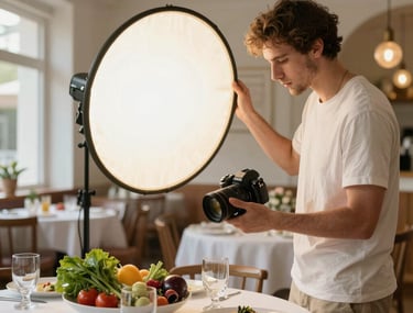 Professional photo session in a bright restaurant. A photographer is adjusting a reflector next to a table with fresh Mediterranean ingredients. Warm, bone white aesthetic.