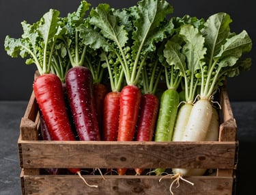 A beautifully organized crate of heritage vegetables from a local farm. Vibrant reds and greens, studio lighting, Charcoal Black backdrop.