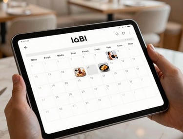 Close up of a tablet displaying a social media content calendar for a restaurant. Background shows a blurred Scandinavian-style dining room with Warm Bone White furniture.