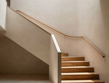 An elegant staircase with minimalist lines, bathed in natural sunlight. Light beige walls and wood steps. South American &amp;#x2F; Brazilian architecture.
