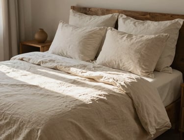 A beautifully styled bedroom interior with natural light streaming across medium beige linen sheets. Authentic human comfort. South American &amp;#x2F; Brazilian setting.