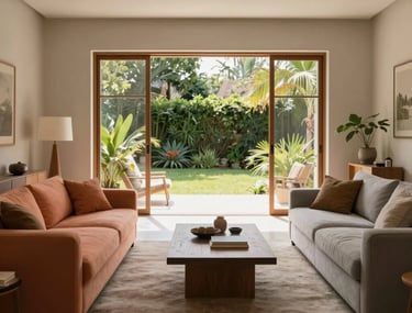 A spacious, minimalist living room with a large window framing a sunny garden. Comfortable salmon and grey furnishings. South American &amp;#x2F; Brazilian setting.