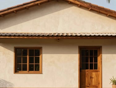 A wide angle shot of a minimalist house exterior with light beige plaster walls and warm wooden details. Sunny and welcoming. South American &amp;#x2F; Brazilian setting.
