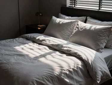 A high-contrast photograph of a luxury bedroom visualization, showing the play of shadows from window blinds on soft bed linens in a modern US home.