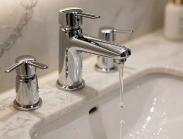 A detailed vertical photography shot of a luxury bathroom vanity, showing realistic water droplets on a chrome faucet and soft ambient lighting reflecting off marble surfaces, showcasing high-quality 3D rendering textures.