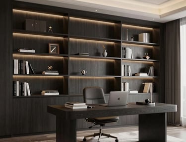 An architectural rendering of a luxury home office, North American style, featuring dark charcoal built-in shelving and sophisticated lighting.