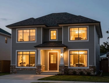 A technical rendering of a residential exterior at twilight, showing warm interior lights glowing through expansive glass windows in a North American landscape.