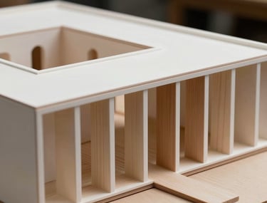Close-up of a high-end architectural model with clean white lines and wooden textures, sitting in a South American / Chilean studio.