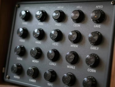 Vista de primer plano de un panel de control digital para una aplicaci&oacute;n de audio, con diales oscuros y tipograf&iacute;a blanca n&iacute;tida.