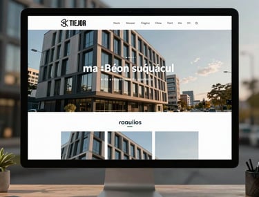 Primer plano de una p&aacute;gina web de escritorio con un dise&ntilde;o de cuadr&aacute;cula limpia y fotograf&iacute;a de alta calidad de arquitectura moderna.