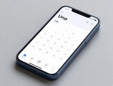 Una interfaz de aplicaci&oacute;n de calendario minimalista mostrada en una pantalla de smartphone con fondos en gris suave y acentos en azul acero.