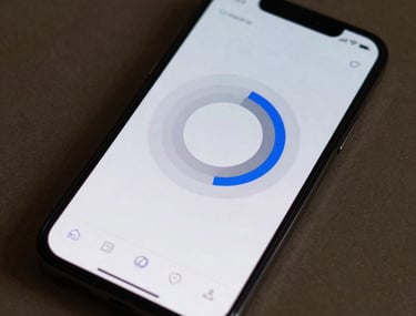 Imagen de alta resoluci&oacute;n de una pantalla de smartphone mostrando una interfaz de usuario minimalista con gr&aacute;ficos circulares elegantes en tonos grises y azules.
