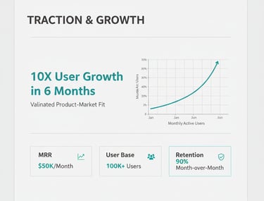 Traction slide example showing startup growth metrics and a simple chart.