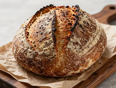 Close-up of a rustic sourdough loaf on a dark wooden board, crisp parchment paper underneath, soft natural lighting.