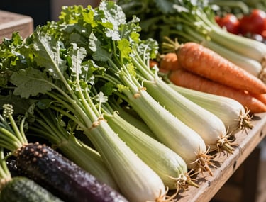 A beautifully arranged farmer's market stall with fresh organic vegetables, natural sunlight, earthy tones.