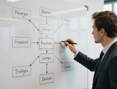 Two agency strategists sketching a campaign roadmap on a whiteboard, bright modern office, crisp parchment tones.