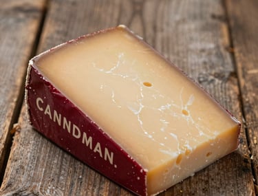 Close-up of a beautifully packaged artisanal cheese, rustic wood background, deep crimson accents, scandinavian style.