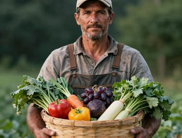 A local farmer proudly holding a basket of fresh produce, earthy tones, deep green background, North American / European.
