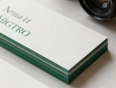 Macro photography of high-end letterpress business cards with emerald green foil edges, stacked on an off-white linen surface, elegant and tactile.
