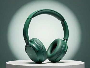 Clean, minimalist studio photography of modern wireless headphones on a white pedestal, illuminated with a sharp emerald green spotlight, North American professional style.